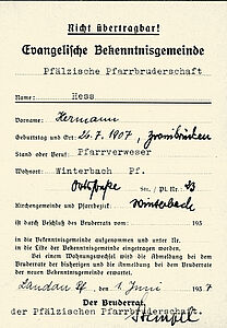 Mitgliederausweis der Pfälzischen Pfarrbruderschaft für Hermann Hess, Winterbach, 1937. Quelle: ZASP Abt. 150.056, Nr. 54.