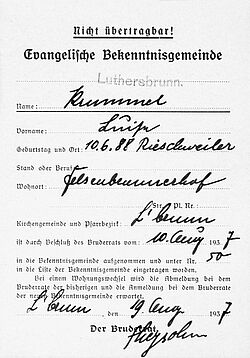 Mitgliedsausweis der Evangelischen Bekenntnisgemeinde Luthersbrunn, 1937. Foto: ZASP