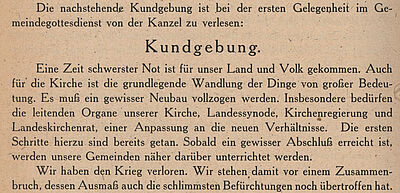 Rundschreiben der Oberkirchenräte Stichter und Roland vom 10.8.1945 (Auszug). Quelle: Amtsblatt für die vereinigte protestantische Kirche der Pfalz vom 25.9.1945.